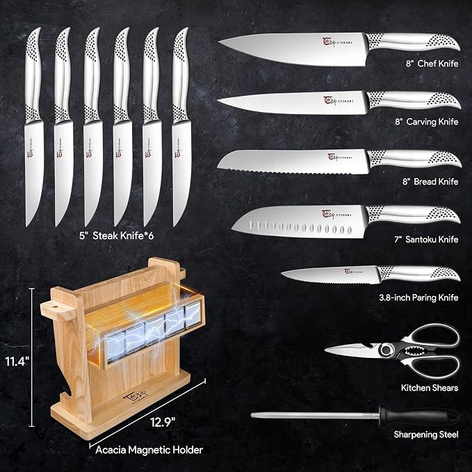 Japanese Knives Set for Kitchen, Magnetic Knife Set with Block and Sharpener, Stainless Steel Knife Set as Gift for Couple, Wedding, Women or Mom with Gift Box, 14 PCS Black Dot
