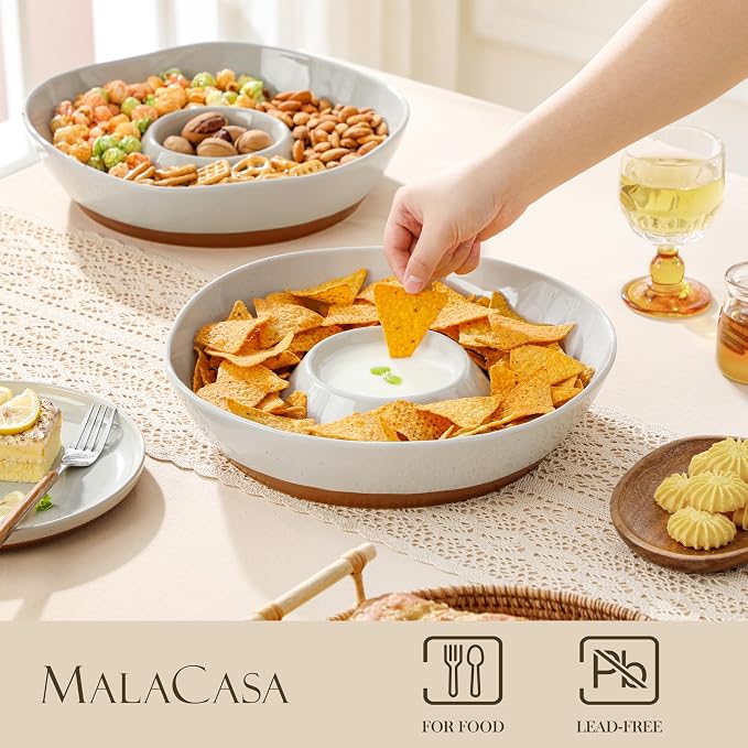 MALACASA Ceramic Chips and Dip Serving Tray, 12 Inch Dip Serving Tray | Free-Form Divided Ceramic Chips and Dip Bowls for Parties, Hosting and Entertaining, Khaki Gray