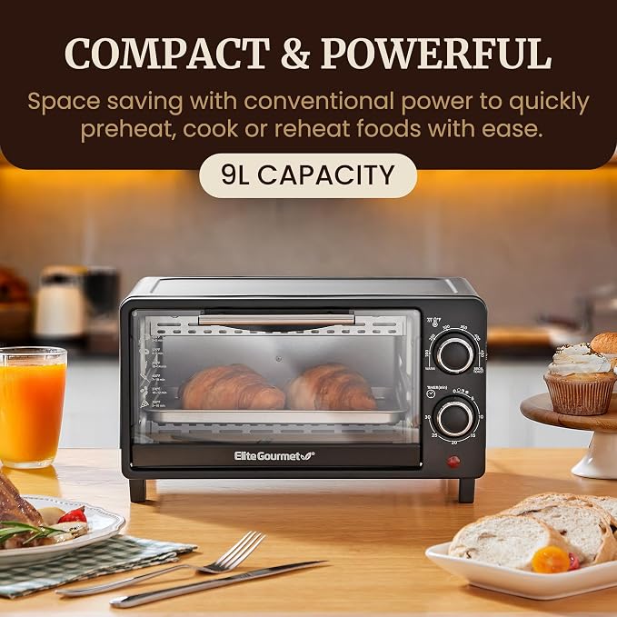 Elite Gourmet ETO490 9L/4-Slice Oven, 30-Min Timer, Adj. Temp, Black | Includes Baking Pan & Wire Rack - Bake, Broil & Toast functions for dorms and RVs - Countertop Design