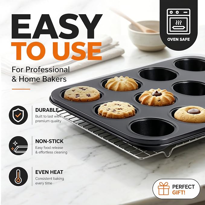 Nonstick Carbon Steel Bakeware Set – Stackable Baking Pans with Cookie Sheet, Muffin Pan, Loaf Pan, Cake Pan & Roasting Pan, Oven Safe to 450°F, (10)