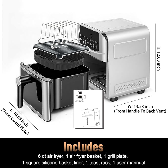 Stainless Steel Air Fryer Ceramic Coated Basket 6QT Dual-Blaze 450℉(Silver) | Non Stick Teflon-Free Premium Coat Healthy and Easy Clean, Max 450℉ Fast Cook in 1700W, Visible 8.27" for 2-3 Servings