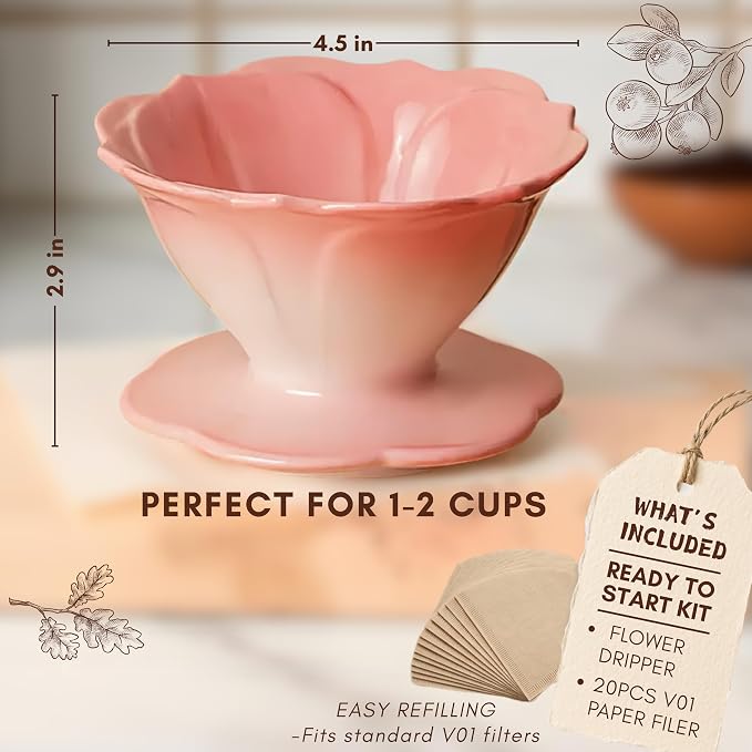 Ceramic Pour Over Coffee Dripper Flower Shape V01 with 20 Filters | 20Pcs filters included, Wide base fits most mugs, Sturdy quality ceramic, Balanced taste coffee brew