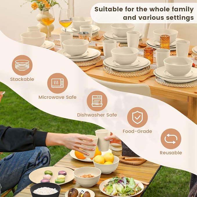 40 PCS Dinnerware Set Service for 8, Kitchen Wheat Straw Dinnerware Set Unbreakable - Plates Set, Bowls Set,Cups Set, Microwave and Dishwasher Safe Dish Set for Dinner, Outdoor(Beige)