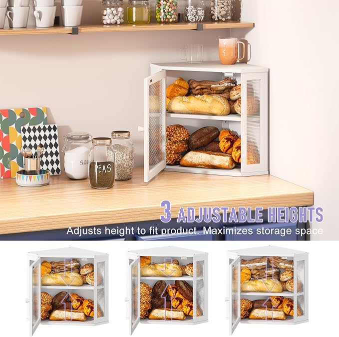 Corner Bread box for Kitchen Countertop,Farmhouse Bread Box with Acrylic Wavy Door Panel,Large Bread box for kitchen countertop,Kitchen Countertop Food Storage Container (White, Meduim)