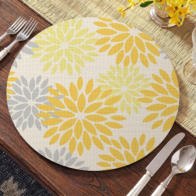 Artoid Mode Yellow Dahlia Plastic Round Placemats Set of 4, 14 Inch Seasonal Washable Woven Vinyl Table Mats for Farmhouse Party Kitchen Dining Decor