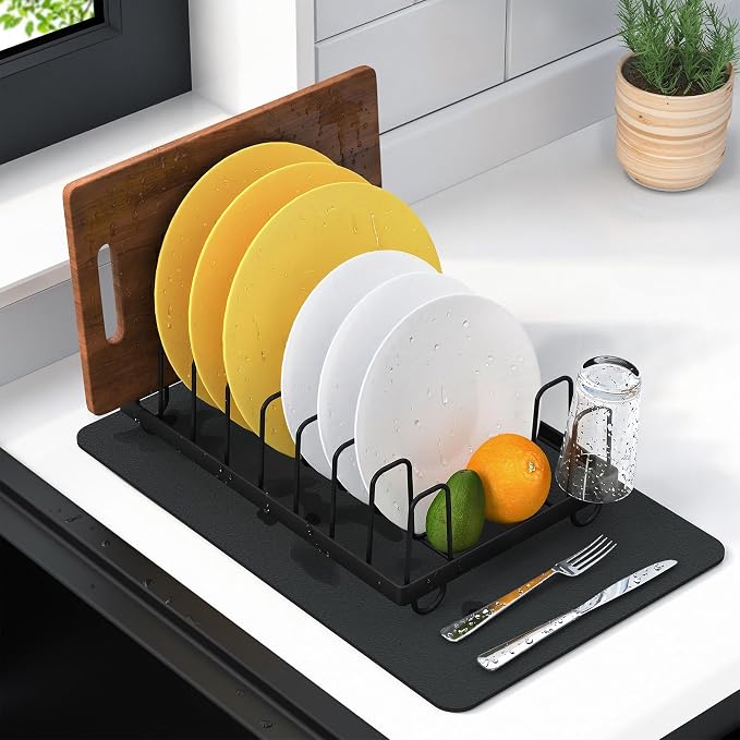 Compact Stainless Steel Dish Drainer & Dish Mat Set, Black | Rust-proof stainless steel dish rack with quick-drying, easy-to-clean mat. Fits kitchen counter, apartment or RV.