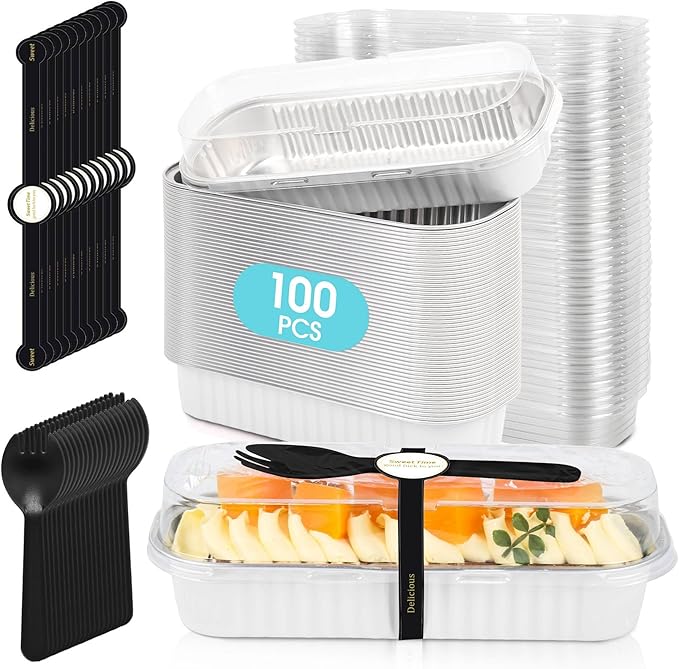 100 Pack Mini Cake Pans with Lids and Spoons, Disposable Aluminum Foil Cake Tins（6.8oz） Individual Small Cake Baking Containers for Party, Wedding, Birthday