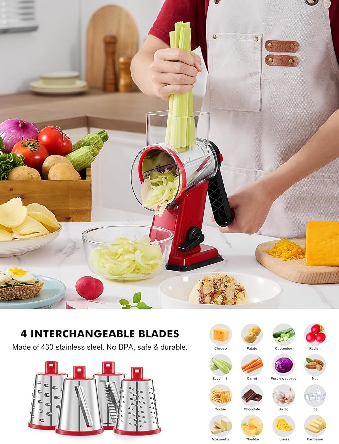 GDL Upgraded Cheese Grater Shredder Hand Crank, Vegetable Slicer, 4 Blades | 18x Faster Cutting, Stronger Suction Base, No BPA, Stainless Steel Blade, Dishwasher Safe, For Cheese & Veggies & Nuts