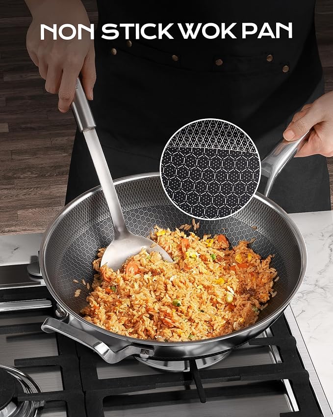 Wok Pan,12 Inch Hybrid Wok with Lid | Frying Pan Cookware, Stainless Steel Woks & Stir-fry Pans Nonstick, Dishwasher Safe, PFOA Free, Compatible with All Cooktops