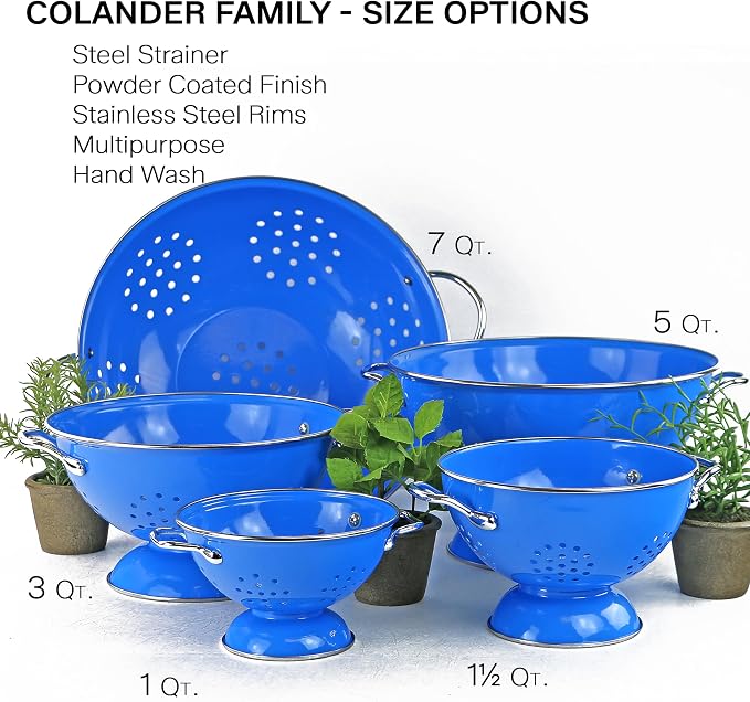 Reston Lloyd, 1 Quart Powder Coated Steel Kitchen Strainer Basket for draining Pasta, Vegetable and Fruit, Chrome Handles and Wide Stable Base, Azure