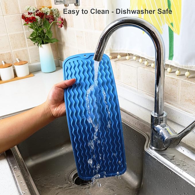 ZLR Small Dish Drying Mat for Kitchen Counter, 6"x17", Lichen Blue | Narrow Silicone Drainer for Apartment, Dorm & RV, Wavy Ridges Quick-Dry, Non-Slip, Rolls Up, Dishwasher Safe