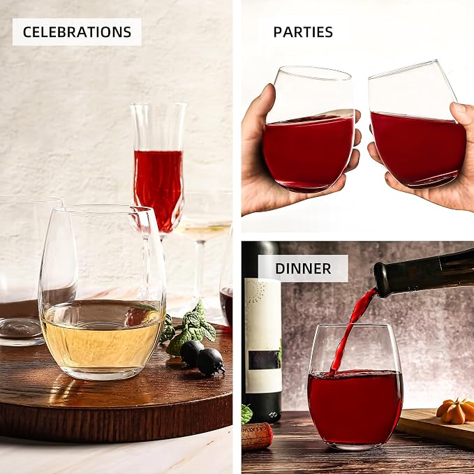 Stemless Wine Glass - Set of 12, 15 Oz Clear Cut Rim Wine Tumbler for Red, White Wine, Dishwasher Safe, Clear