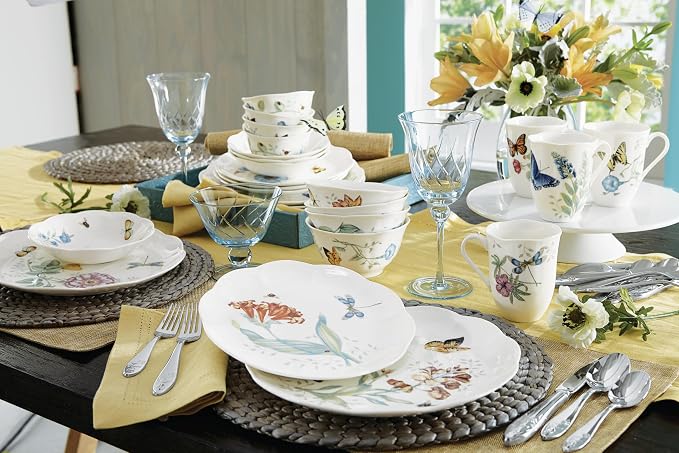 Lenox Butterfly Meadow Porcelain 28-Piece Dinnerware Set for 4 | ceramic, dishwasher safe, microwave safe | plates and bowls sets for kitchen and dining | 11 inch plate