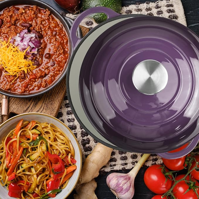 Dutch Oven Enameled Cast Iron with Lid - Big Dual Handles - Oven Safe up to 500°F - Classic Round Pot for Versatile Cooking (Purple, 3 QT)
