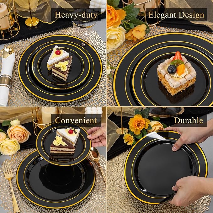 175PCS Black and Gold Plates - Black Disposable Plates for Party - 25Guests Disposable Dinnerware Set for Wedding/Party/Birthday/Halloween