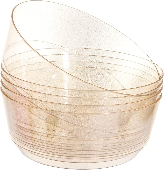 8 Pack Gold Glitter Serving Bowls for Buffet | 128oz Heavy Duty Disposable Plastic Bowls, Perfect for Party Snack, Salad, Candy & Bar Buffet