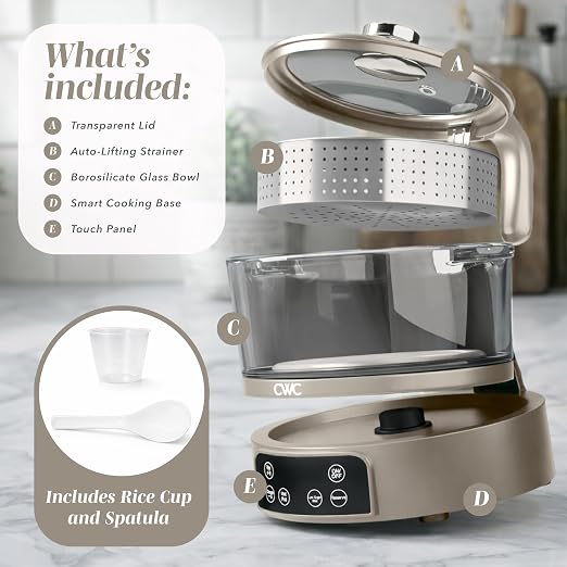 COOK WITH COLOR Glass Mini Low Carb Rice Cooker – Holds 2 Cups Raw/Makes 6 Cups Cooked with Auto Lift Filter Basket, Hotpot & Steamer for Rice, Grains, Digital Panel with Keep Warm, Greige