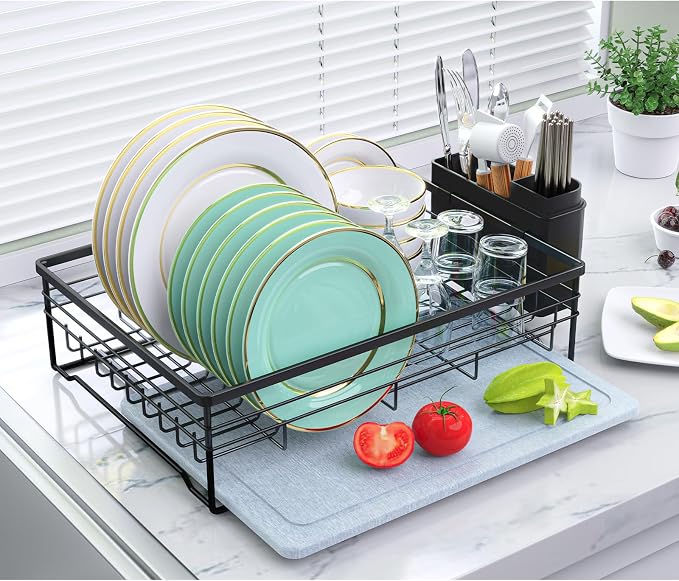 VABNEER Dish Drying Rack with Stone Drying Mat, Quick-Drying/Stainless/Super Sturdy/Space-Saving, Dish Strainers for Kitchen Counter, Escurridor de Trastes para Cocina (Black) | Quick-drying stone mat, sturdy stainless steel frame and space-saving desi...