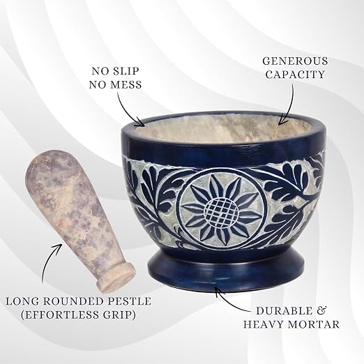 Mortar and Pestle, Made of Heavy Duty Polished Hard Stone, Natural Stone Grinder for Spices, Pastes, Herbs, Seasoning etc. (Blue)