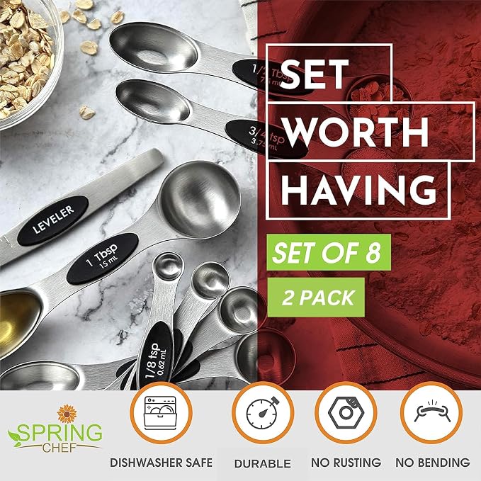 Spring Chef Stainless Steel 8 Magnetic Measuring Spoons Set, 2 Pack, Black | Dual Sided Metal Teaspoon & Tablespoon Measuring Spoons with Leveler for Dry & Liquid Ingredients, Nesting, Dishwasher Safe