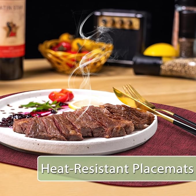 Placemats Set of 12 Washable, Heat Resistant Table Placemats Wipeable Faux Leather Oval Place Mats Non Slip, Waterproof Oval Table Mats for Indoor Outdoor, Wine Red