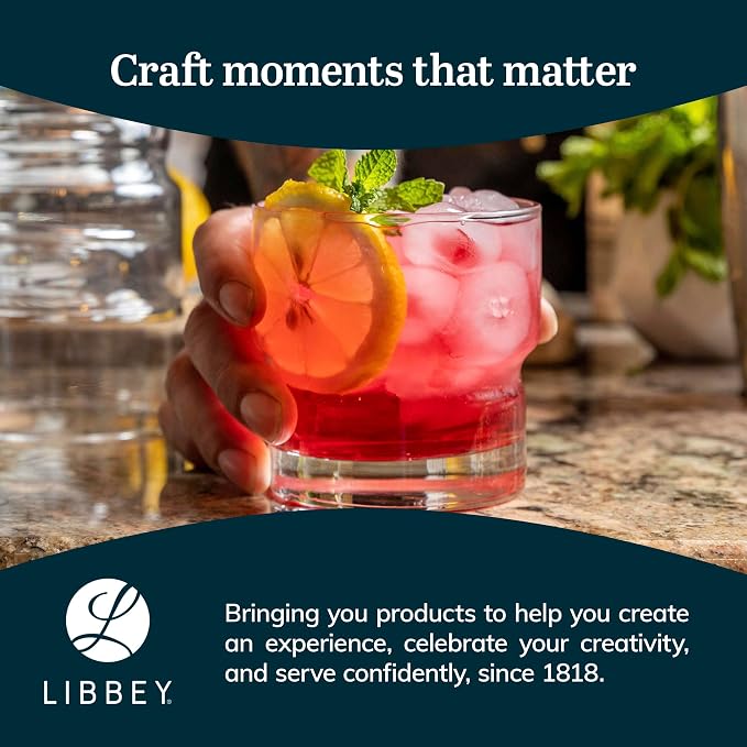 Libbey Newton Double Old Fashioned Glasses Set of 6, Sleek, Stackable Short Drinking Glasses, Lowball Cocktail Glasses for Anniversaries, Holidays