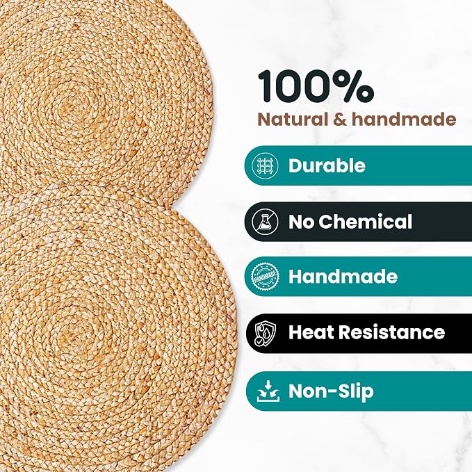 Natural Jute Placemats Set of 16, Round Woven Table Mats, 13 Inch Rattan Charger Plates, Bulk Set for Weddings, Parties & Events