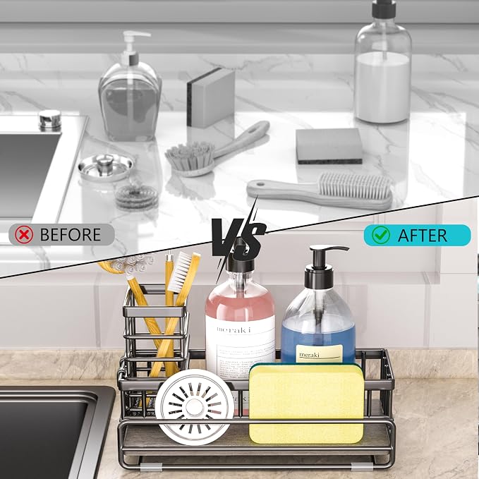 Large Family-Sized Sponge Holder for Kitchen Sink Organizer (Black) | Sink Caddy with Instant Drying Stone, Stainless Steel Sponge Holder for Sponges, Scrubbers, Soap, Home Countertop Organizer