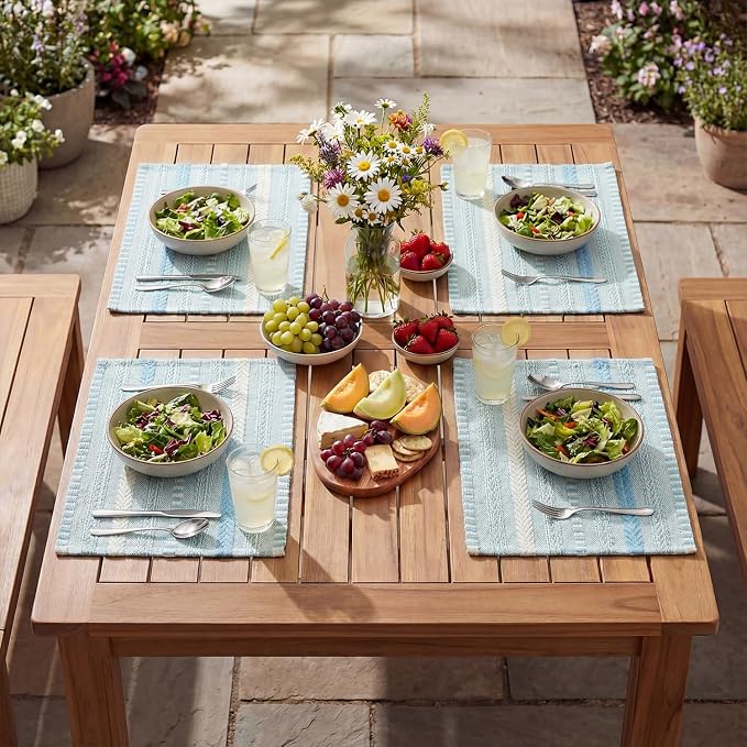 Artoid Mode Sky Blue Farmhouse Woven Braided Stripe Placemats Set of 4,12x18 Inch Seasonal Holiday Table Mats Party Kitchen Dining Decoration