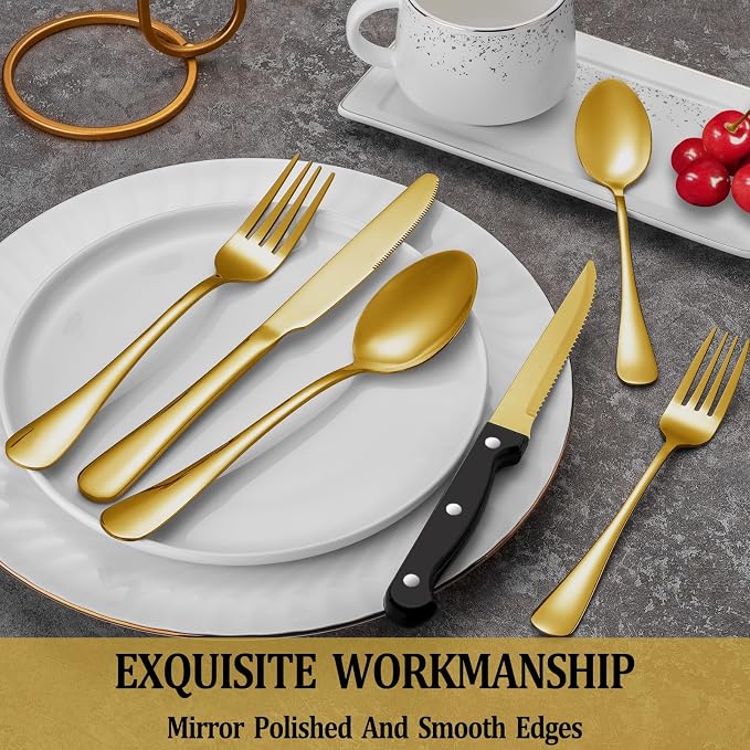 36 Pcs Gold Silverware Set with Steak Knives, Stainless Steel Flatware Cutlery Set for 6, Kitchen Tableware Sets, Utensil Sets for Home and Restaurant, Dishwasher Safe