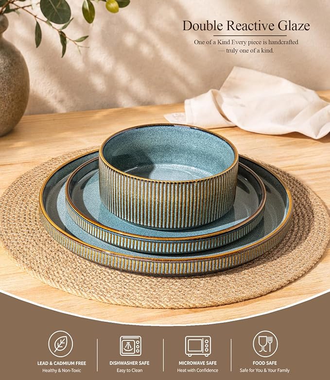 GBHOME Stoneware Dinnerware Sets for 4, 12-Piece Plates and Bowls Set | Handmade Reactive Glaze Ceramic Dish Set, Scratch Resistant, Dishwasher&Microwave Safe,Space Blue