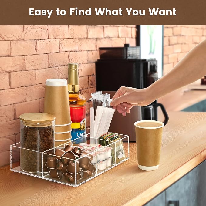 BEYGORM Acrylic Coffee Bar Station Organizer for Countertop | Office Breakroom Clear Snack Tea Storage Accessories Holder for Kcup Pod Condiment Cup Creamer Syrup, Gift for Coffee Lovers