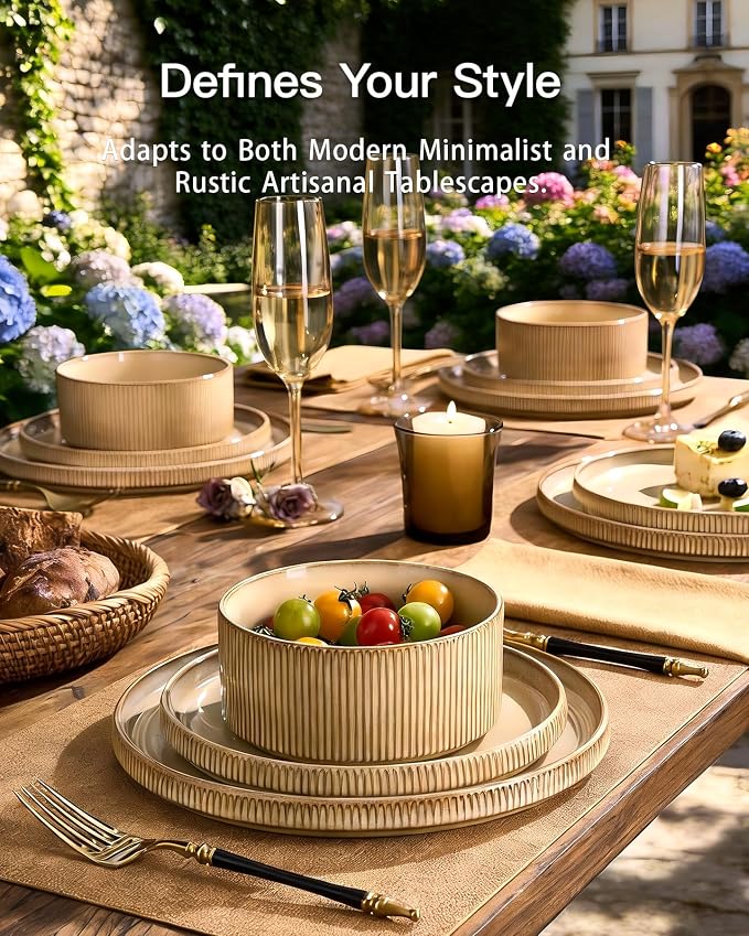 Stoneware Dinnerware Sets, Reactive Glaze Dishes Set for 8 | 24-Piece Handmade Ceramic Plates and Bowls, Microwave and Dishwasher Safe, Chip and Scratch Resistant, Modern Rustic, Cream