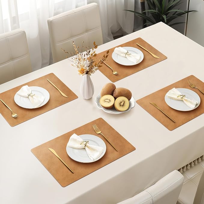 Roxifina Faux Leather Placemats Set of 6 - Vinyl Placemats Wipeable Waterproof Oil-Proof PU Place Mats Heat Resistant Reversible Table Mats for Dining, Kitchen, Outdoor, 12 x 17 Inch (Camel)