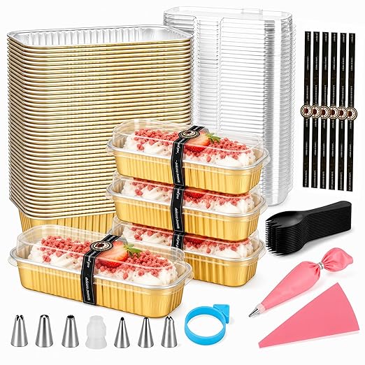 YQER 100 Pack Gold Mini Cake Pans with Lids and Spoons, 6.8 oz Disposable Aluminum Foil Mini Loaf Pans Cake Tins with Stickers and Reusable Decorating Set for Wedding Desserts, Parties and Gifts