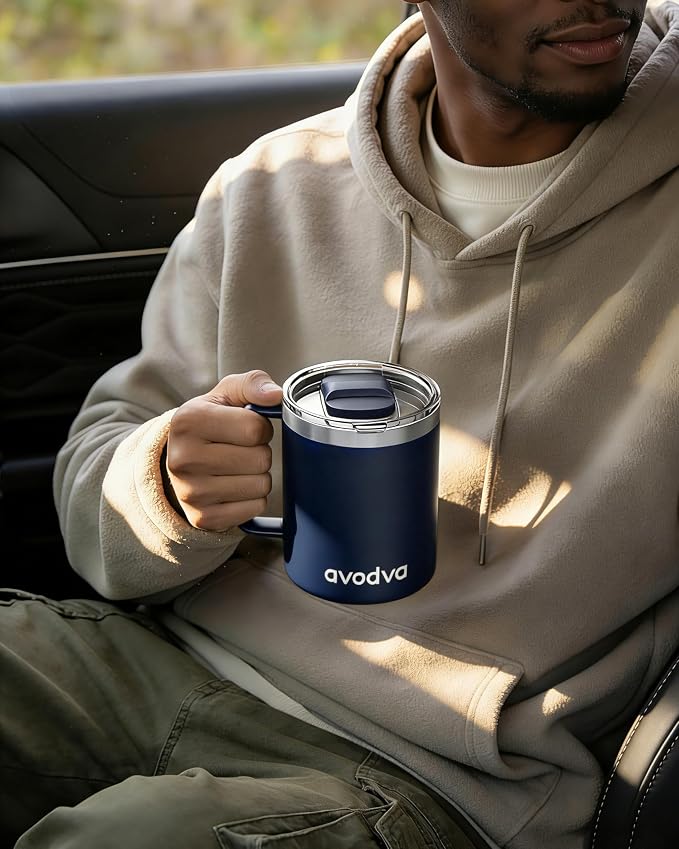 2 Pack 12oz Insulated Coffee Mug with Lids – Double Wall Stainless Steel Travel Cups with Handle, Keep Hot & Cold Drinks, Ideal Gift for Coffee Lovers, Home, Office & Camping, Navy Blue