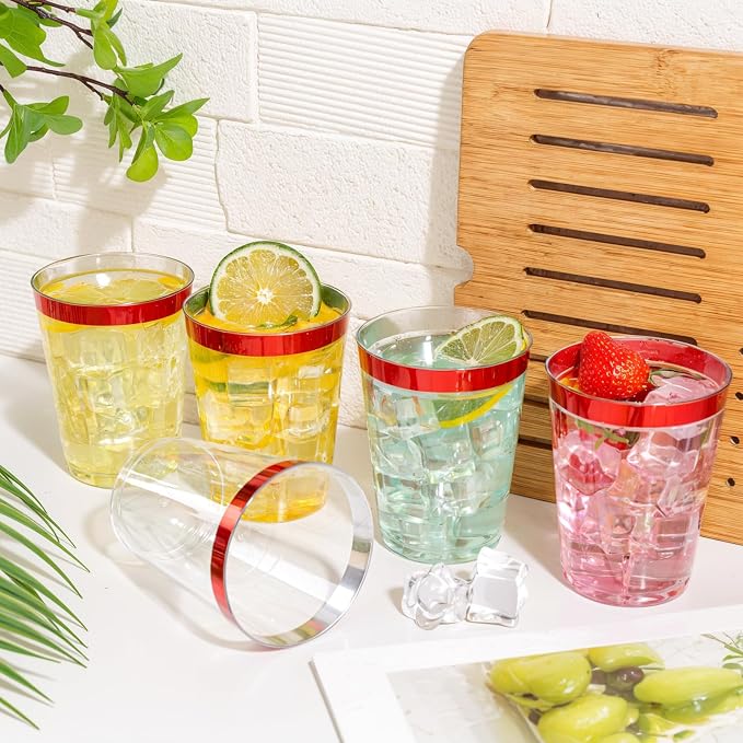 DaYammi 100 Pack Red Plastic Cups 10 Oz,Red Rimmed Plastic Cups for Party Fancy Disposable Cup for Wedding Disposable Glasses Clear Tumblers with red Rim for Bridal Shower Elegant Wine Cocktail Cup