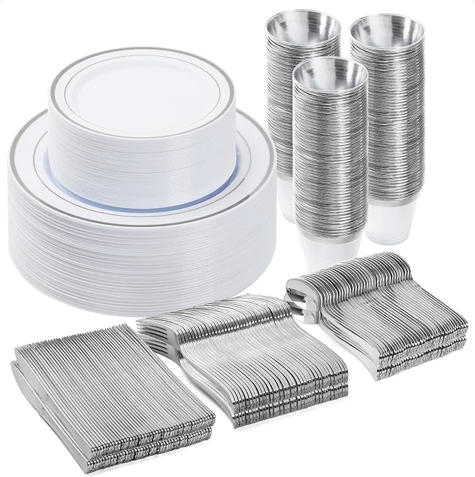 BESTVIP 300PCS Plastic Dinnerware Set (50 Guests), Silver Disposable Plates for Party, Wedding, Christmas, Anniversary, Includes: Dinner Plates, Dessert Plates, Cups, Spoons, Forks and Knives | for Party, Wedding, Anniversary, Includes: Dinner Plates, ...