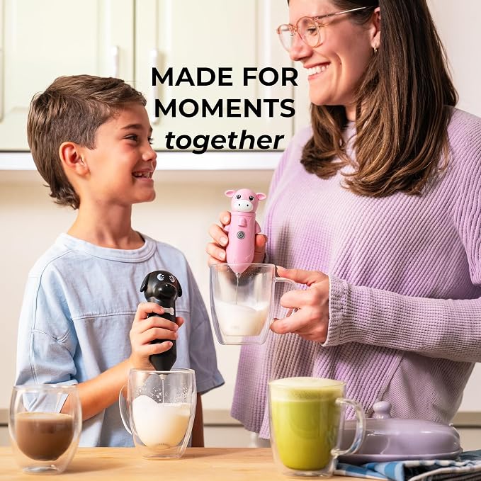 Zulay Kitchen Cow Milk Frother Wand – Cutesy Frother, Meet Your New Frothing Buddy Bubblegum The Cow, Adoption Papers and Stickers Included, Purrr-fect for Lattes, Cappuccino & Matcha – Pink