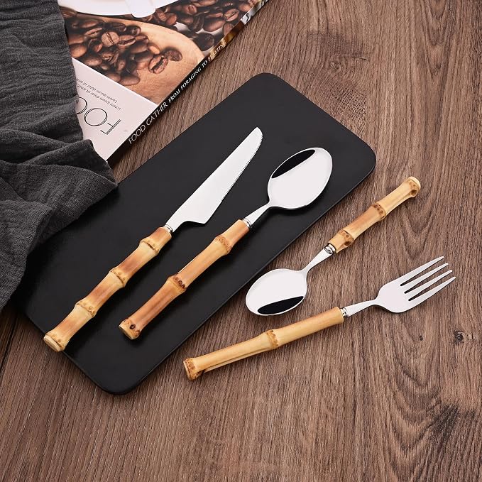 Bamboo Handle Silverware Set, 24-Piece Flatware Set for 6, Stainless Steel Cutlery Eating Utensils Include Forks Spoons and Knives for Daily Use and Party, Reusable and Modern Design