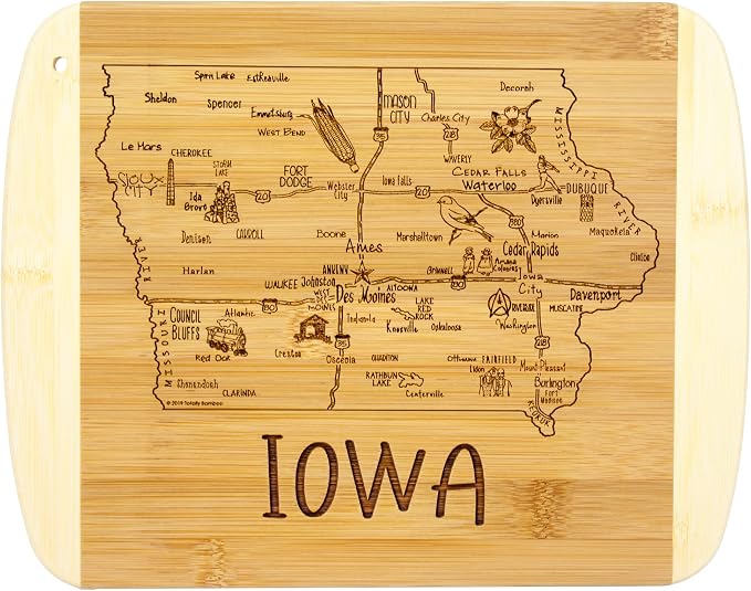 Totally Bamboo A Slice of Life Iowa Engraved Map Cutting Board | 11” x 8.75” charcuterie board with engraved state map artwork. Smooth reverse side for food prep. Hang tie for wall display.