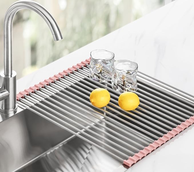 Tomorotec Roll Up Dish Drying Rack Over Sink, 304 Steel, 17.7x15.5, Pink | Anti-Slip Silicone Rims For Grip, Heat-Resistant Trivet Mat Holding Heavy Cookware, Rustproof Kitchen Counter Space Saver