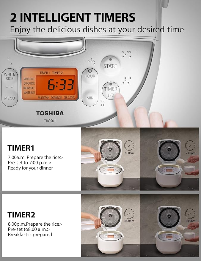 Toshiba Rice Cooker 6 Cup Uncooked – Japanese Rice Cooker with Fuzzy Logic Technology, 7 Cooking Functions, Digital Display, 2 Delay Timers and Auto Keep Warm, Non-Stick Inner Pot, White | japanese style, white. 7 cooking functions, digital display, 2 ...