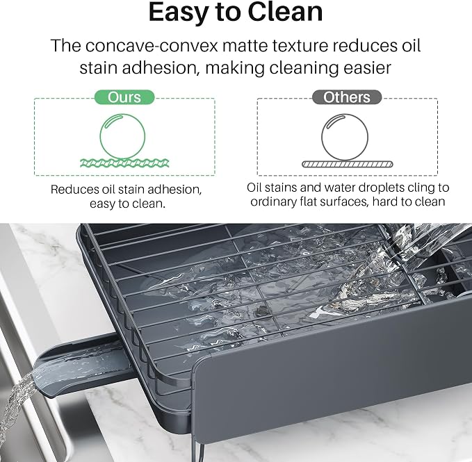 SNTD Large Dish Drying Rack for Kitchen Counter, Expandable, Grey | Stainless Steel Dish Drainer, Adjustable Length 18.9''-29.3'', Automatic Drainage, 360° Spout, Cutlery Holder with Knife Slot