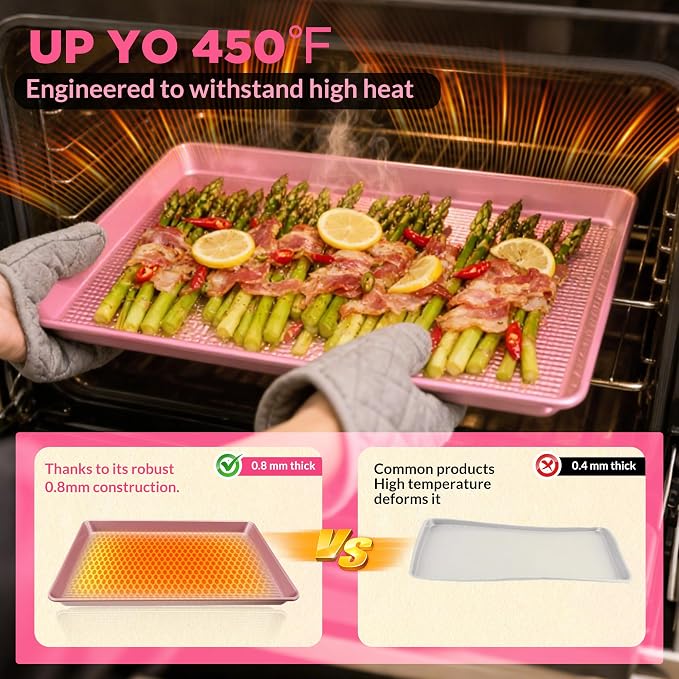 Saker 3-Piece Heavy Duty Carbon Steel Baking Sheets Set,Non-Stick Cookie | | Oven Safe, Even Heating, for Baking, Roasting, Cooking – Professional Grade (Pink)