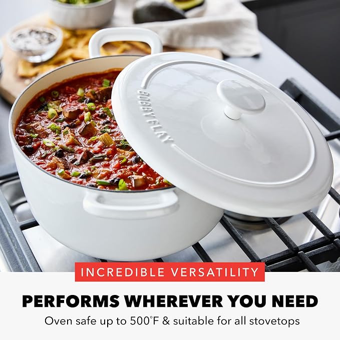 GreenPan x Bobby Flay 5.5QT Enameled Cast Iron Dutch Oven With Lid, White | Casserole Pot for Braising, Stews, Bread Baking & Searing, Self-Basting Lid, Induction Ready, Oven Safe To 500
