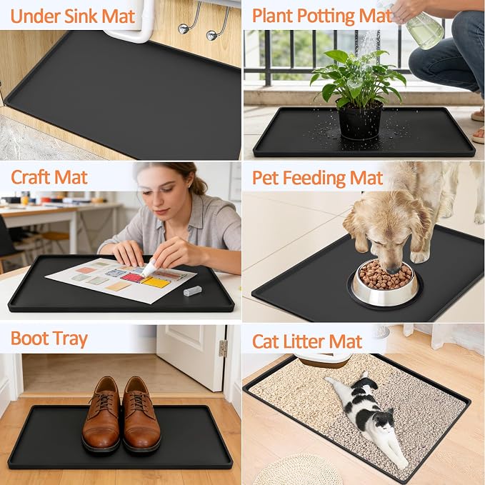 Silicone Coffee Maker Mat with Lip for Countertops, 15.7'' x 11.8'', Black | Multi leak-proof coffee tray for countertop, non-slip silicone mat fits most coffee makers & espresso machines, wipe-clean