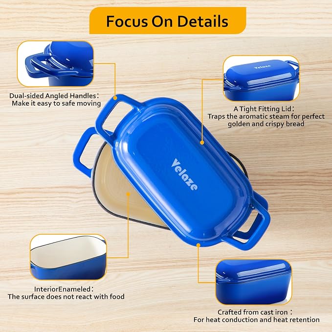 Velaze 3.6 QT Oval Cast Iron Dutch Oven for Bread Baking, Offset Handles | Bread Pan with Lid for Sourdough Sandwich,Small Households Baking,Gift for Bread Bakers,Deep Base,Oven Safe,Blue