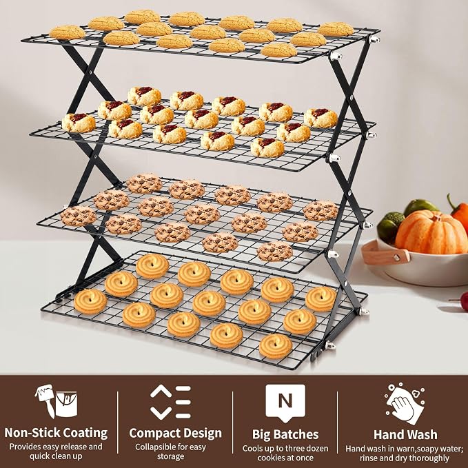2/3/4-Tier Collapsible Cooling Rack for Baking,Folding Cooling Grid,Adjustable Stackable Roasting Cooking Drying Wire Cooling Rack for Cookies Baking