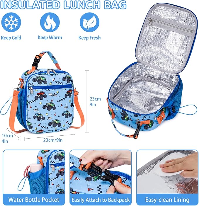 Bento Lunch Box for Kids Adult, Leakproof 3-4 Compartment Bento Box Set with Insulated Food Jar,Water Bottle, Lunch Bag, School Lunch Container for Toddler Teen Girls Boys Ages 3+(Vehicle)